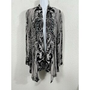 Cover Charge Cardigan Womens XL Gray Black Paisley Rhinestone Open Front Long